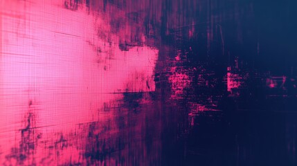 Gradient pink and dark blue background illustrating a conceptual digital error, data stream, or network grid transforming with pixelated distortion and vibrant light effects