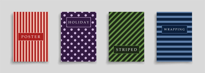 Collection of color holiday posters. Vector festive dotted and striped minimalistic placards, brochures, banners, backgrounds, cards. Simple fashion artwork covers. Decorative wrapping paper print