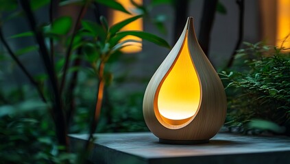 Teardrop Lamp Radiating Warmth in Greenery: Modern Illumination with Natural Serenity for Tranquil Ambiance and Ambient Light Accent