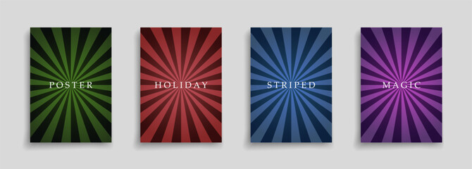 Collection of bright color striped holiday festive backgrounds. Vintage radial art magic prints. Abstract pop vector artwork retro patterns. Can be used like cards, posters, placards