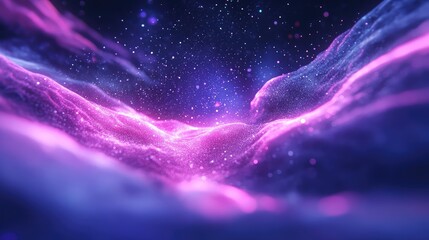 Obraz premium Abstract digital rendering showing vibrant purple and pink light particles and energy flowing in undulating wave forms, creating an illuminated fantasy background with bokeh and glitter effects