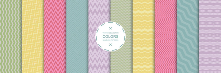 Set of vector striped seamless chevron fabric patterns - bright geometric design. Textile zigzag textures. Colorful linear retro backgrounds