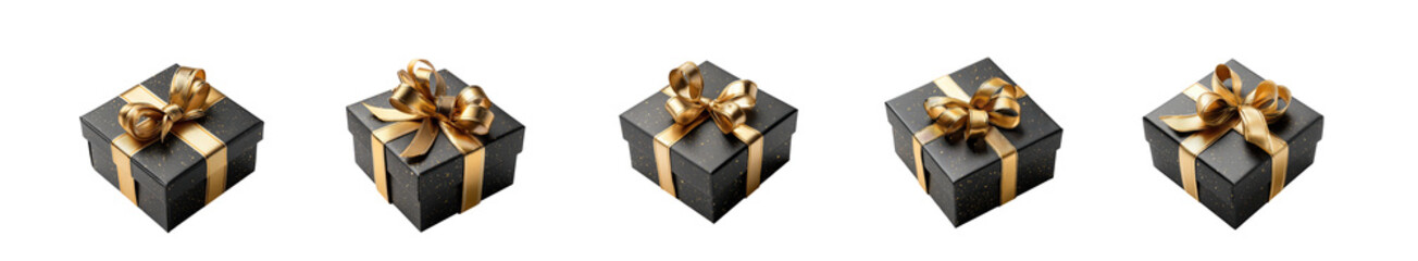 Obraz premium Five black gift boxes with gold ribbons isolated on transparent background for luxury packaging