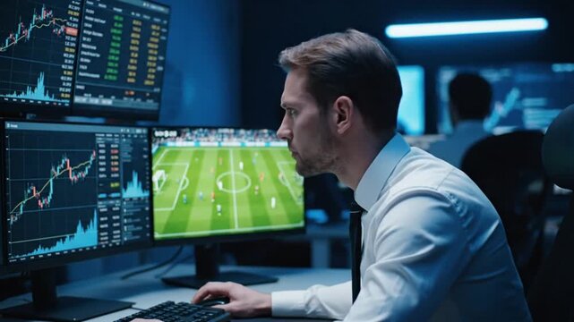Trader analyzes stock market data and watches live football on multiple screens in a high-tech financial monitoring room.