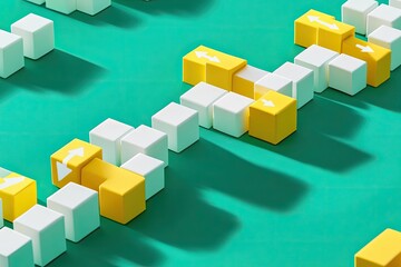 A pattern of white and yellow blocks,  arranged in a  system with directional arrows