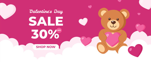 Valentine's Day Sale 30% Off Banner Template with Cute Teddy Bear Holding Heart on Dark Pink Background