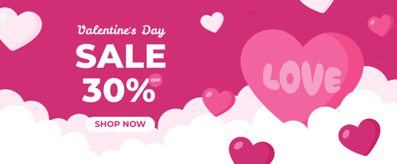 Valentine's Day Sale 30% Off Banner Template with Big Love Heart on Dark Pink Background for E-commerce Promotion