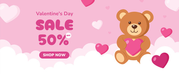Valentines Day Sale 50% Off Banner with Cute Teddy Bear Holding Heart on Pink Cloud Background. Promotion and shopping template or background for Love and Valentines day concept