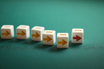 Several small, white dice with yellow and red directional arrows arranged in a line on a teal surface