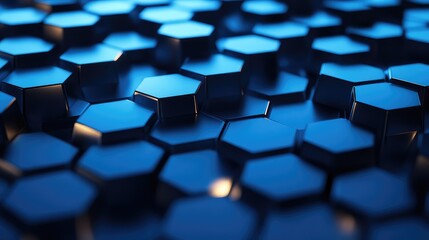 Abstract network of dark blue hexagonal shapes highlighting modern digital connection, data transfer, and future innovation with glowing light reflections on its geometric surface