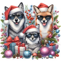 Fototapeta premium Christmas Huskies and Fox with Gifts and Colorful Ornaments