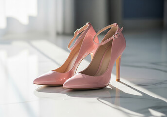 光を浴びて輝くピンク色のアンクルストラップパンプス