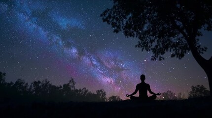 Digital Yoga cosmic spiritual mindfulness, spirituality, inner peace, and connection energy space meditation illustration, silhouette of man practicing outdoors at night, 4k Animation video