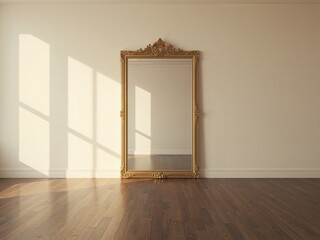 A luxurious gold-framed mirror leans against a minimal wall above white baseboards. Polished dark wood flooring catches bright sunlight in the empty room.