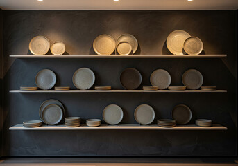 漆喰壁を背景に暖色系の照明で照らされた皿のディスプレイ棚