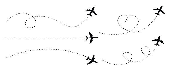 Airplane route with dotted flight path. Flying plane symbol with twisted, curved, straight and heart shape dashed trace path. Transparent png and vector illustration. © Robin
