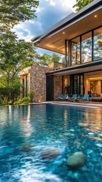 The modernist house with a swimming pool blends harmoniously into the green landscape, emphasising the luxury of secluded living &mdash; the perfect atmospheric backdrop 