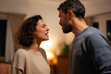 An intense moment between a couple filled with emotion, showcasing the complexity of human relationships, as they engage in a heated discussion in their cozy living room.
