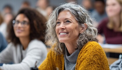 Female Adult Learners Engaged In Communication With Smiles During A Lecture Hall Class, With The Focus On A Mature Woman Participant.