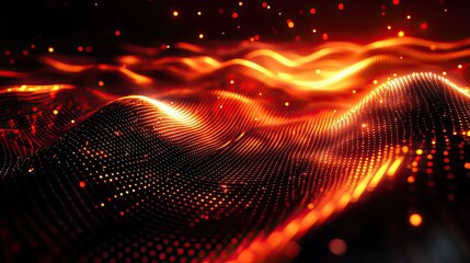 Abstract network of interconnected glowing particles creating a dynamic digital wave pattern over a dark background, representing data flow, energy, and technological connection