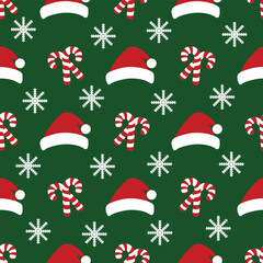 Christmas seamless pattern with santa hat, candy cane and snowflake.