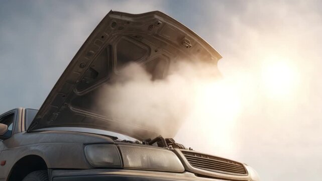 Car Engine Overheating with Steam Emergence from Hood in Bright Daylight Setting  4k video footage