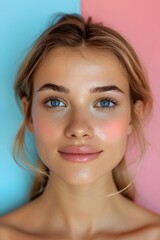 Fototapeta premium A young woman poses with a calm expression, showcasing her clear blue eyes and natural makeup. The background features soft pink and blue colors, creating a fresh, cheerful atmosphere
