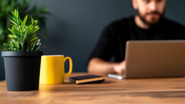 Modern home office minimal workspace with indoor plant, yellow mug, wooden desk, laptop remote work vibe, natural light, calm productivity scene