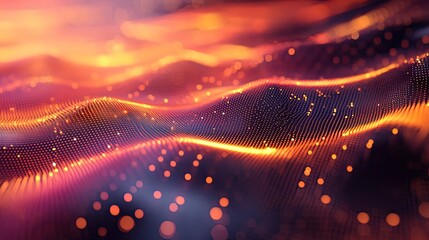 Abstract flowing wavy network of glowing particles creating a vibrant digital landscape, representing concepts like data visualization, technology, and connectivity