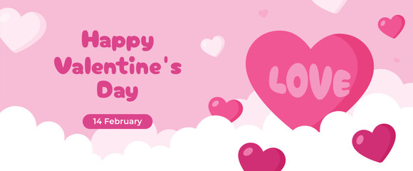 Happy Valentine's Day Banner template or background with Big Love Heart, Pink Cloud Background