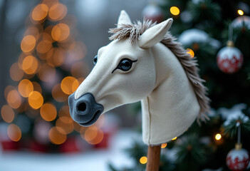Winter. A white horse's head with a gray nose is made of velvet on a wooden stick. You can ride it—it's a game called "rocking horse." A Christmas tree is decorated nearby.