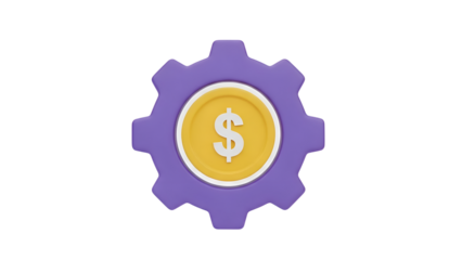 A purple gear with a golden coin and dollar sign symbolizing financial operations and cost management.