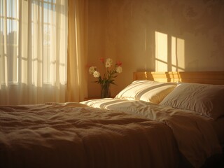 Sunlight falls on a rustic bedroom bed through the window. Cozy morning light creates long shadows on wood walls.