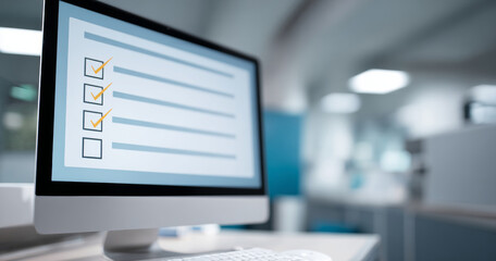 Naklejka premium Close-up of computer screen displaying a checklist with three checked boxes and one unchecked box in a modern environment