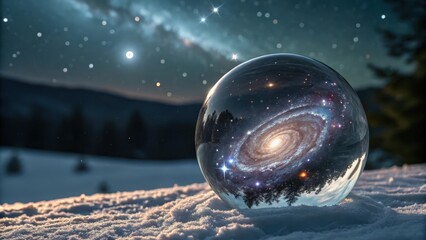 Glass Orb Reflecting a Miniature Swirling Galaxy in Snowy Landscape