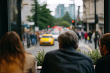 A candid shot of people walking by a caf&eacute; window, highlighting the intersection of urban life and casual conversations, bringing forth a sense of community.