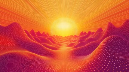 Abstract digital landscape showing a vibrant grid like wireframe terrain with rolling hills, a glowing sphere sun, and radiating light lines across an orange gradient sky