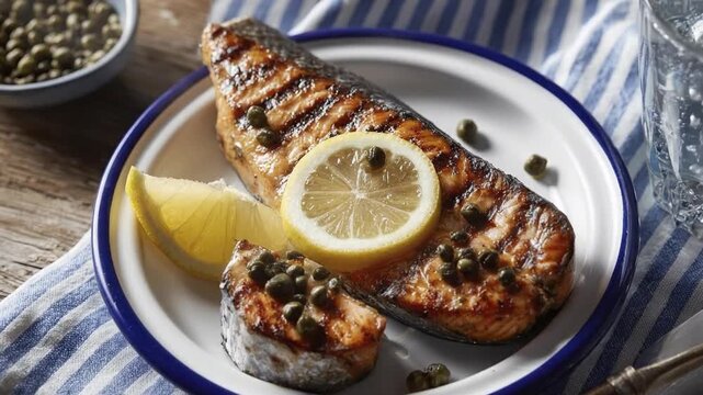 A beautifully presented, perfectly cooked fish fillet rests on a rustic white plate with a blue rim, garnished with bright yellow lemon slices and tiny green capers. The golden-brown fish shows appeal