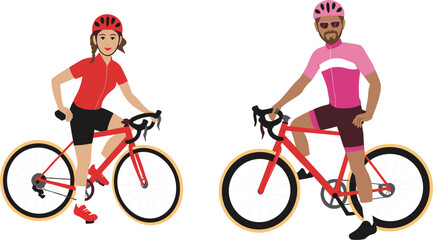 Couple cycling on road bikes, man and woman with helmets, sport, training, active lifestyle, illustration
