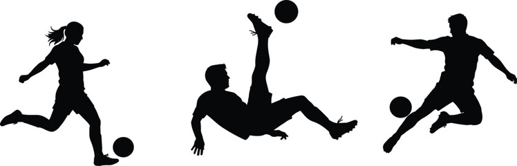 Soccer player silhouettes, dynamic action, bicycle kick, running, kicking ball, black vector, sports movement, athletic pose, football icon
