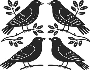 Symmetrical birds on branches vector illustration, classic folk art, black silhouettes, nature pattern, decorative design