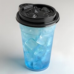 Frosted Blue Plastic Cup with Ice and Black Lid

