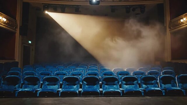 Empty vintage theater auditorium with bright spotlight beam illuminating stage smoke creating a dramatic atmosphere for performance