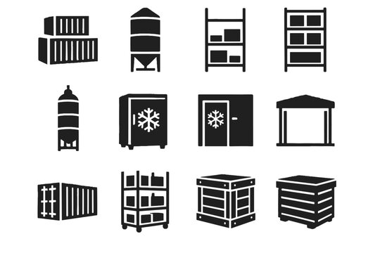 Rack modular container vector cold storage steel icon room vertical crate set