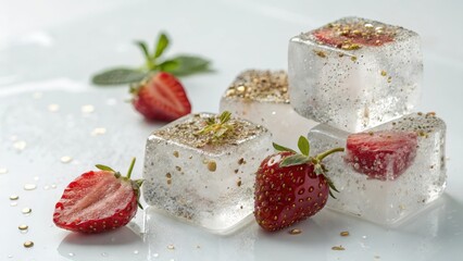 Glistening Ice Cubes With Edible Glitter And Strawberry