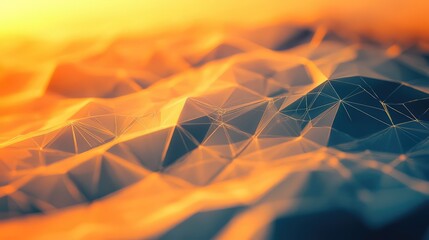 Abstract polygonal low poly mesh with interconnected triangles and glowing orange to blue gradient, evoking digital connectivity, data visualization, and futuristic network texture