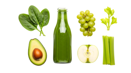 Healthy green juice ingredients isolated on transparent background