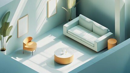 Minimalist living room showcasing clean lines, light blue aesthetic, and warm sunlight casting soft shadows across modern furniture like a white sofa, round coffee table, and comfortable armchair