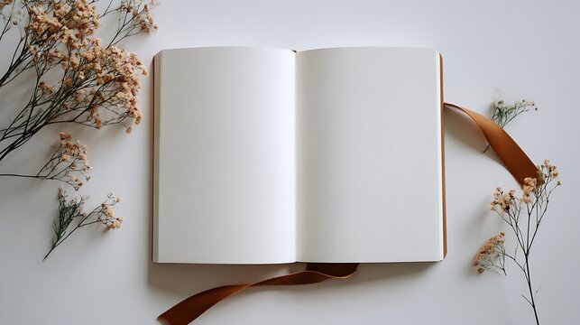 A minimalist flat lay of an open notebook with blank pages and dried beige flowers on a white surface