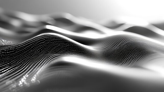 Abstract monochrome digital wave of interconnected particles forming a flowing surface, visualizing data flow, network connections, ai and futuristic technology in a sleek grayscale scene - Powered by Adobe